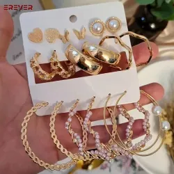 9 Pairs White And Golden Pearl Earring Set